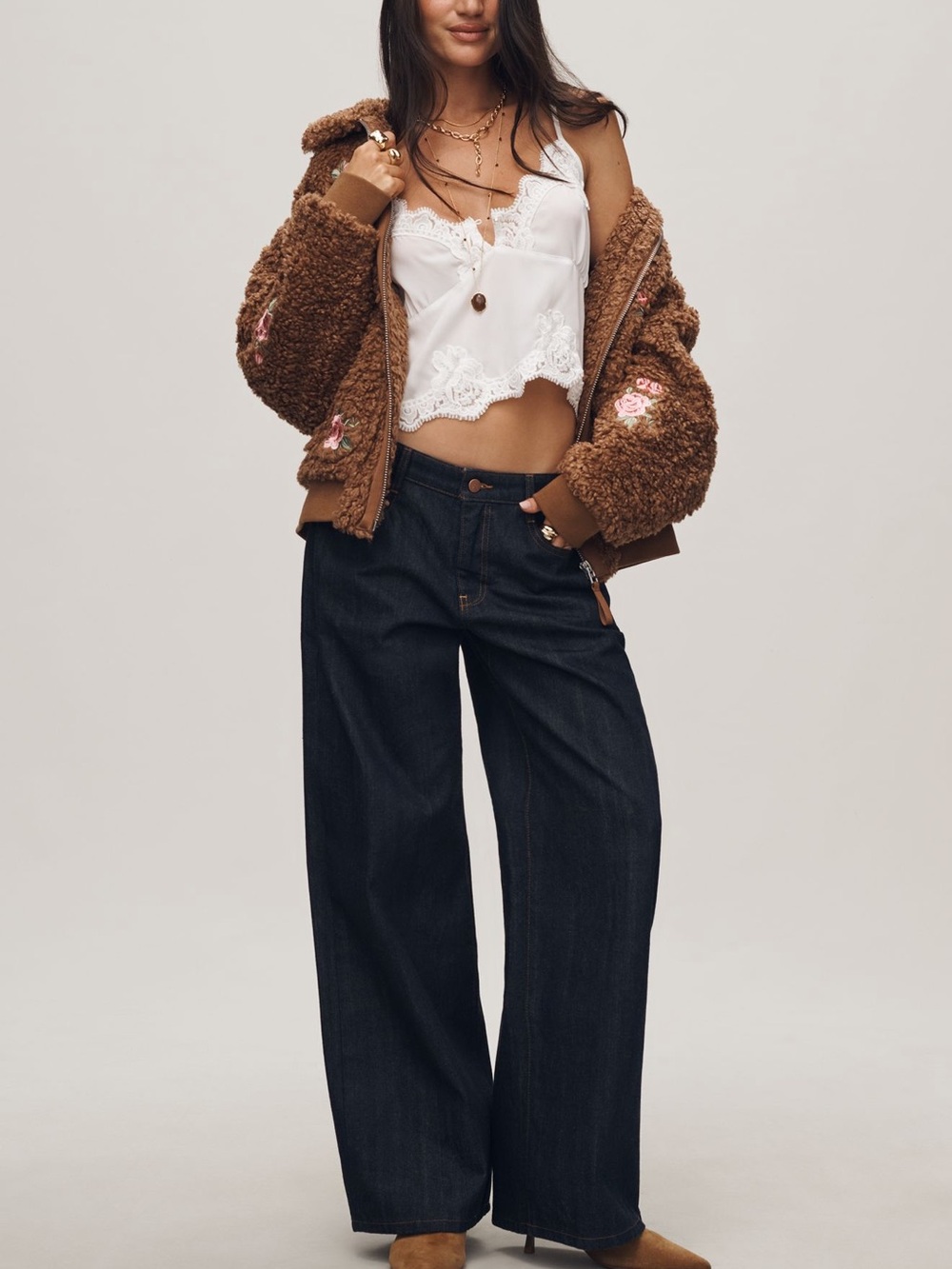 By Anthropologie Floral Embroidered Sherpa Bomber Jacket - Picture 3 of 5